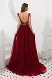 V Neck Sleeveless Tulle Long Prom Dress With Beads