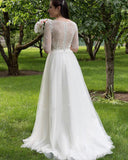 Charming Lace Round Neck Half Sleeves Wedding Dresses
