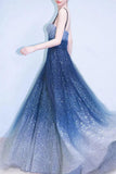 Elegant A Line Royal Blue Straps Floor Length Prom Dresses, Ombre Dance Dresses STB15150