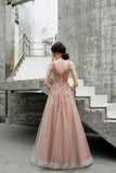 A Line V Neck Pink Beads Straps Prom Dresses Lace up, Long Dance STB20387