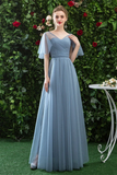 Cheap V Neck Tulle Long Prom Dress With Short Sleeves, A Line Bridesmaid