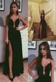 A Line Black Beads Chiffon Prom Dresses with Appliques Split Long Evening STB15608
