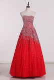 A Line Strapless Beaded Bodice Prom Dresses Tulle