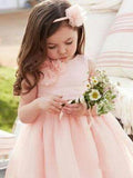 Cute Pink Tulle Flower Girl Dresses with Sash Floor Length, Round Neck Child Dresses STB15575
