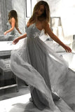 Flowy A Line Spaghetti Straps Grey Tulle Long Prom Dresses Cheap Dance Dresses STB15228