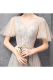Elegant V Neck Floor Length Tulle Prom Dress, Bridesmaid