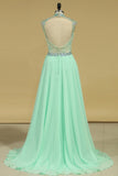 A Line High Neck Prom Dresses Chiffon With Beads And Applique Open Back