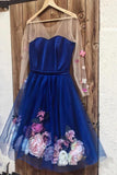 Unique Long Sleeve Blue Short Prom Dresses With 3D Appliques, Homecoming Dress STB15604