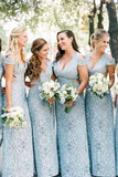Mermaid Lace Baby Blue V Neck Bridesmaid Dresses for Wedding STB15653