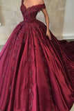 Off The Shoulder Ball Gown Prom Dresses Satin With Applique Sweep