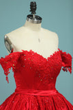 Ball Gown Off-The-Shoulder Satin With Applique Color Red Zipper