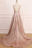 A Line Deep V Neck Long Prom Dress With Sequins, Glitter Sleeveless Evening