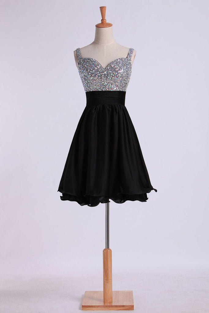 Prom Dresses Straps A Line Short/Mini Beaded Bodice With Pleated Waistband