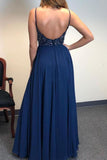 A Line Spaghetti Straps V Neck Chiffon Royal Blue Prom Dresses with Slit Beads Formal Dress STB15032