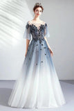 A Line Half Sleeves Tulle Long Ombre Prom Dress with Appliques Blue Evening Dresses STB15001