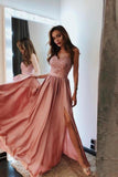 Pink V Neck Long Prom Dresses Lace And Beaded Prom Dress With Slit Evening