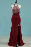 Mermaid Scoop Spandex With Beads And Slit Prom Dresses Open