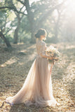 Tulle Scoop Wedding Dresses A Line 3/4 Length Sleeves