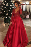 Elegant Long Sleeve Red Lace Beads Long Prom Dresses, A Line Satin Evening Dresses STB15174