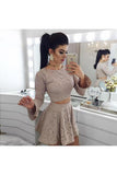 Two Piece A-Line Long Sleeves Lace Short Homecoming