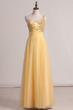 A Line One Shoulder Prom Dress Beaded Bodice Tulle Floor Length