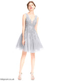 V-neck Estrella Sequins A-Line Dress Tulle Lace With Knee-Length Homecoming Beading Homecoming Dresses