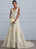 V-neck Wedding Dresses Tulle Dress Sequins A-Line With Beading Train Wedding Lace Court Kennedi