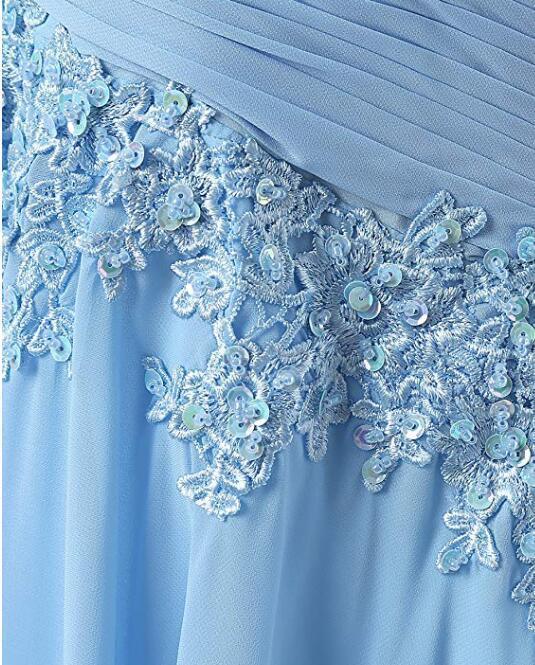 Fashion A-line Scoop Sweep Train Appliques Chiffon Sleeveless Light Blue Prom Dresses