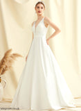 V-neck With Sweep Ball-Gown/Princess Satin Lace Wedding Pat Wedding Dresses Train Pockets Dress