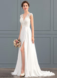 Front Sweep Split V-neck Wedding Dresses Lace Chiffon A-Line Wedding With Silvia Train Dress