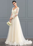 Ball-Gown/Princess V-neck Lace Train Dress Tulle Wedding Alondra Wedding Dresses Sweep