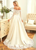 Train Beading Off-the-Shoulder Wedding Dresses With Sweep Sequins Lace Ball-Gown/Princess Madalynn Dress Satin Wedding