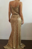 Gold Sequin Deep V-Neck Open-back Spaghetti Strap Side Slit Prom Dresses