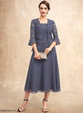the Carina of Beading Tea-Length Mother Bride A-Line Neckline Lace Dress With Square Mother of the Bride Dresses Chiffon