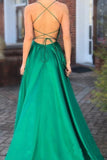 Elegant A Line Green Lace up Prom Dresses with Pockets Slit Formal Evening STB20406