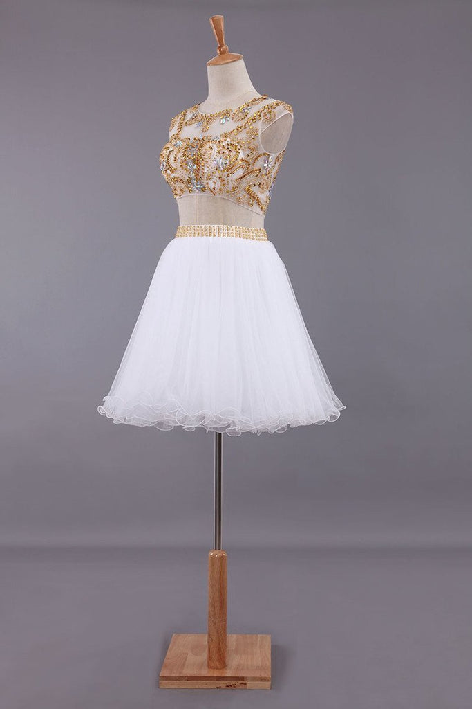 Two-Piece Scoop A Line Short/Mini Homecoming Dresses Tulle Beaded