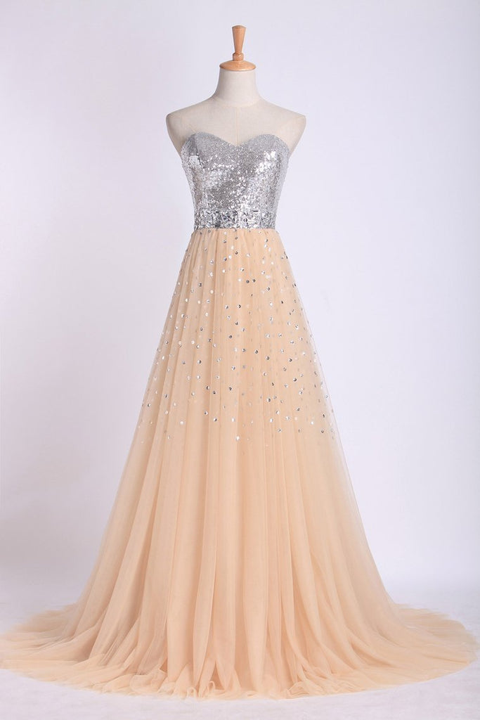 Sweetheart A Line Sweep Train Prom Dresses Tulle With