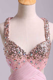 Prom Dresses A-Line Cross Back Floor-Length Chiffon Pink Ready To Ship