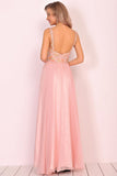 A Line Spaghetti Straps Prom Dresses Chiffon With Beads And