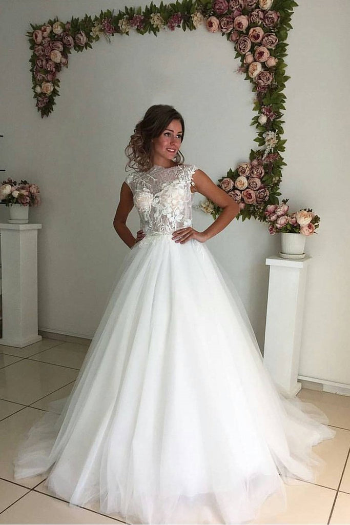 Bateau A Line Wedding Dresses Tulle With Applique Sweep