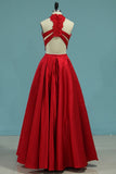 Two Pieces Prom Dresses Satin With Applique Floor Length Lace