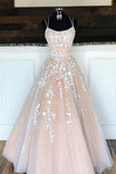 Princess Spaghetti Straps A Line Appliques Tulle Lace up Pink Prom Dresses STB15305