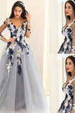 A-Line/Princess V-Neck Long Sleeves Applique Tulle Floor-Length Dresses Evening