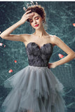 Elegant High Low Strapless Sweetheart Feathers Tulle Gray Prom Dresses with Lace STB20415