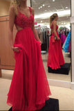 Beautiful Long Flowy Chiffon Lace Beading Red Prom Dresses For