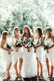 A Line Spaghetti Straps V Neck White Bridesmaid Dresses with Tea Length, Prom Dresses STB15495