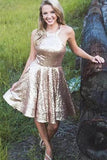 Halter Sequin A Line Backless Short Homecoming Dresses Simple Prom Gowns STB14977