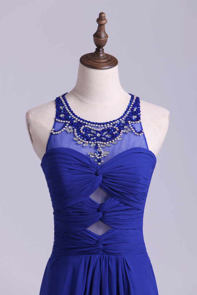 Unique Dark Royal Blue Prom Dress Scoop A Line Chiffon With