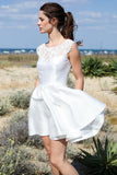 A Line Round Neck Open Back Short Beach Wedding Dress with Lace Pockets STB15018