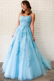 Unique A-Line Sky Blue Tulle Appliques Beads Scoop Prom Dresses with Lace STB15681